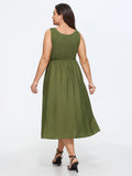 Shirred Round Neck Pockets Midi Dress