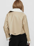 Shearling Trim Faux Leather Jacket Beige