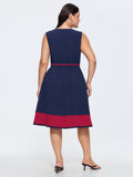 Color Contrast Pleated V-Neck Midi Dress