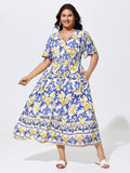 Majolica Print Shirred Waist Flowy Maxi Dress