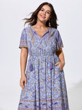 Floral Print Tassels Drawstring Neckline Midi Dress
