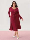 Textured Belted Waist Button Midi Dress