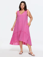 Cotton Ribbon Shoulder Tie V-Neck Flowy Midi Dress