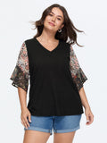 Stretchy Floral Print Ruffled Knit Top
