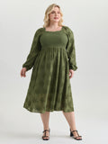Textured Embroidery Shirred Square Neckline Midi Dress
