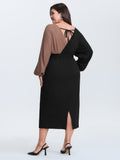 Surplice Neck Color Block Tie Waist Midi Dress