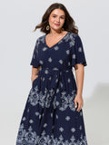 Boho Floral Print Belted Midi Dress