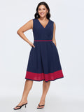 Color Contrast Pleated V-Neck Midi Dress