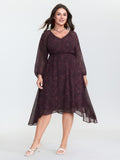 Sheer Sleeve Contrast V-Neck Midi Dress
