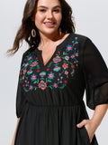 Breathable Floral Embroidered Neckline Midi Dress