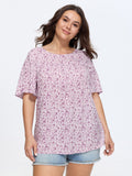 Floral Ruffle Sleeve Gathered Round Neck Blouse