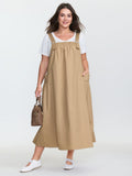 Cotton Adjustable Pockets Overall Maxi Dress