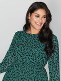 Flocked Floral Shirred Ruffled Neck Midi Dress