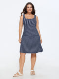 Striped Print Square Neck Rib Mini Dress