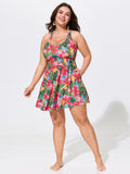 Vibrant Floral Print Crossover Straps Swim Dress
