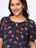 Strawberry Print V Neck Bubble Sleeve Blouse
