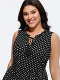 Polka Dots Notched Drawstring Collar Midi Dress