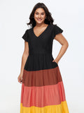 Colorblock Tiered Ruffled Sleeve Maxi Dress