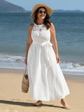 Cotton Sheer Lace Neckline Waist-Tie Maxi Dress