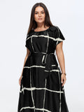 Plaid Print Round Neck Belted Midi Dress