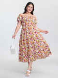 Floral Print Off-Shoulder Stretchy Waist Maxi Dress