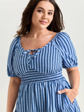 Striped Print Neck-Tie Tiered Mini Dress