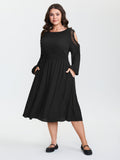 Cold Shoulder Shirred Waist Pockets Midi Dress