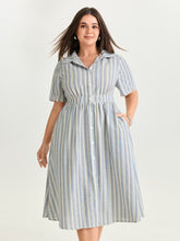 Cotton Linen Blend Striped Print Midi Dress