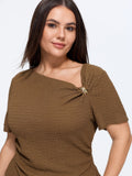 Textured Asymmetrical Neck Metallic Buckle Top