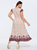 Floral Print Color Contrast V-Neck Midi Dress