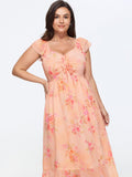 Floral Print Ruched Ruffled Maxi Dress