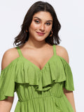 Plain Ruffle Cold Shoulder Pocket Midi Dress