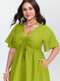 Ruched Bodice Embroidered Cut Out Midi Dress