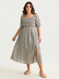 Striped Ruffled Neckline Puff Sleeve Midi Dress