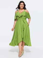 Plain Ruffle Cold Shoulder Pocket Midi Dress