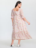 Floral Print Shirred Neckline Maxi Dress