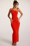 Textured Jersey Open Back Maxi Dress in Fiery Red