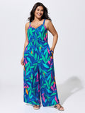 Tropical Print Pockets Sleeveless Jumpsuit