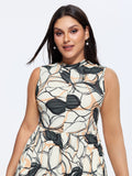 Floral Geometric Print Ruched Pockets Midi Dress