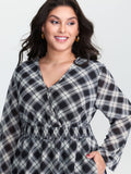 Checkered Pattern Shirred Waist Midi Dress