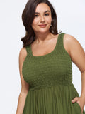 Shirred Round Neck Pockets Midi Dress