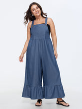 Overall Straps Ruffled Hem Pockets Faux Denim Jumpsuit