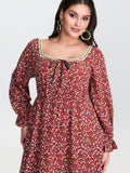 Floral Print Square Neckline Drawstring Midi Dress