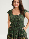 Rayon Garden Fresh Ruffled Sleeve Midi Dress