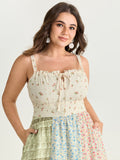 Floral Patchwork Print Drawstring Maxi Dress
