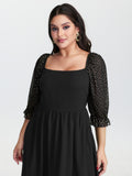 Sheer Sleeve Shirred Stretchy Waist Midi Dress