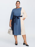 Colorblock Belted Round Neck Midi Dress