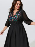 Breathable Floral Embroidered Neckline Midi Dress