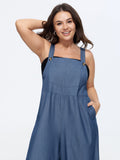 Overall Straps Ruffled Hem Pockets Faux Denim Jumpsuit