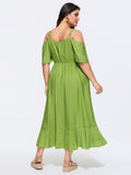 Plain Ruffle Cold Shoulder Pocket Midi Dress